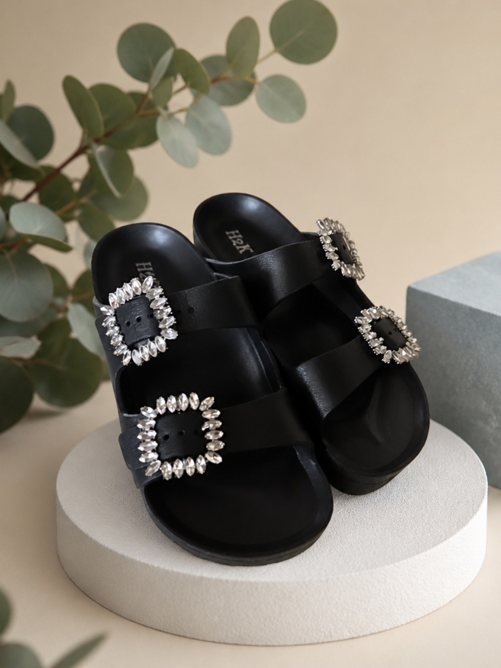 Women’s Black Jeweled Buckle Slide Sandals